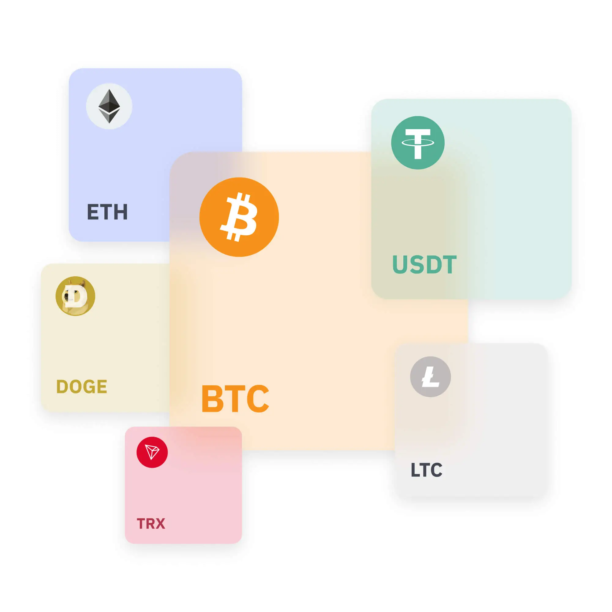 An illustration representing crypto trading assets like BTC, ETH, USDT, DOGE, LTC, TRX