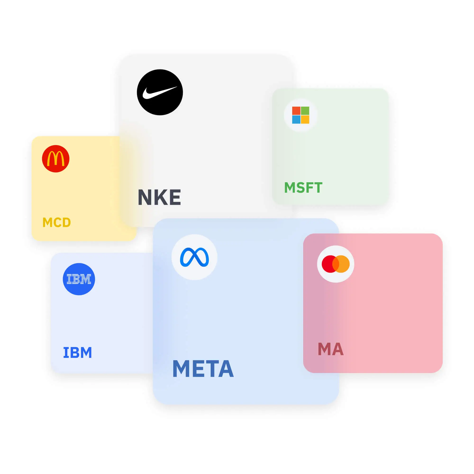 An illustration representing stock trading assets like NKE, MSFT, MA, META, IBM, MCD
