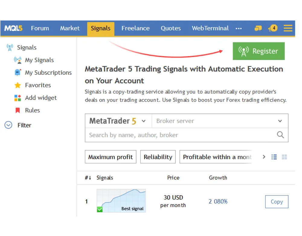 Pop-up window showing instructions on steps to register as an MT5 trading signals provider.