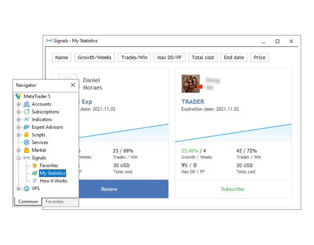 Pop-up window displaying the details of signal providers the user is subscribed to on the MT5 trading terminal.
