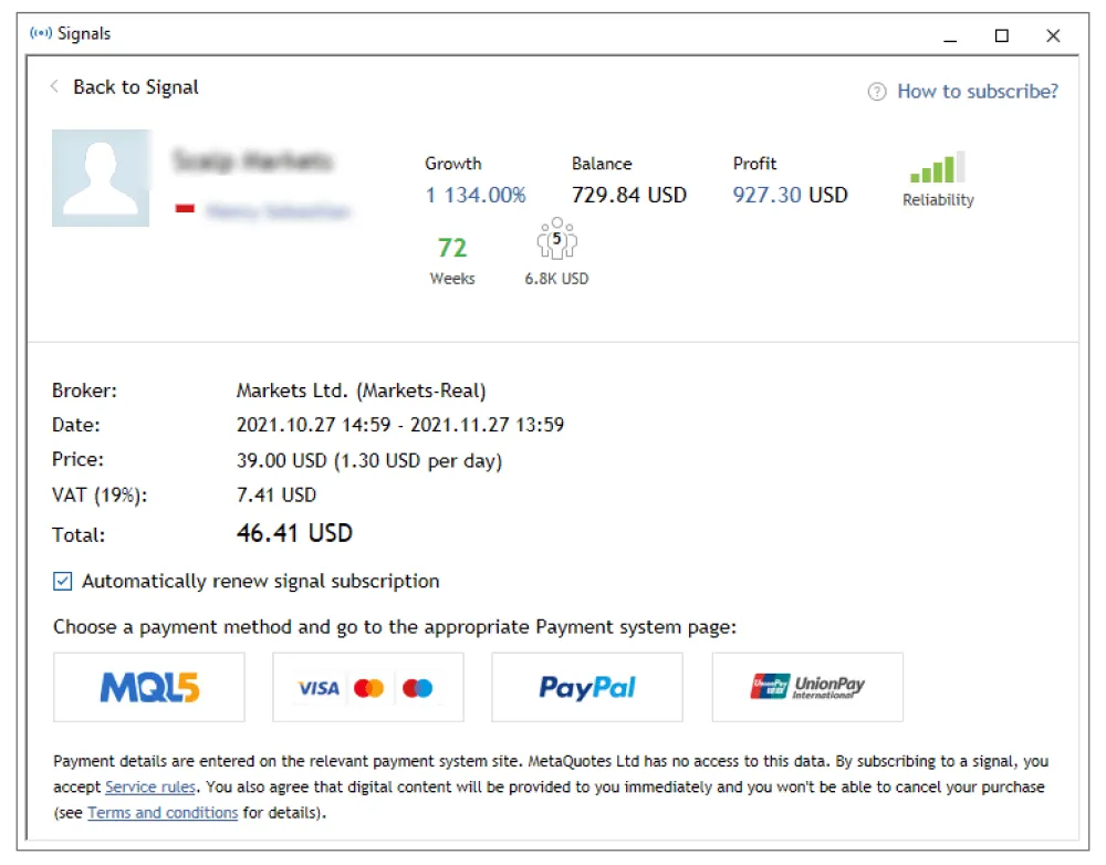 Pop-up window on the MT5 trading terminal showing details to confirm before subscribing to an MT5 signal provider.