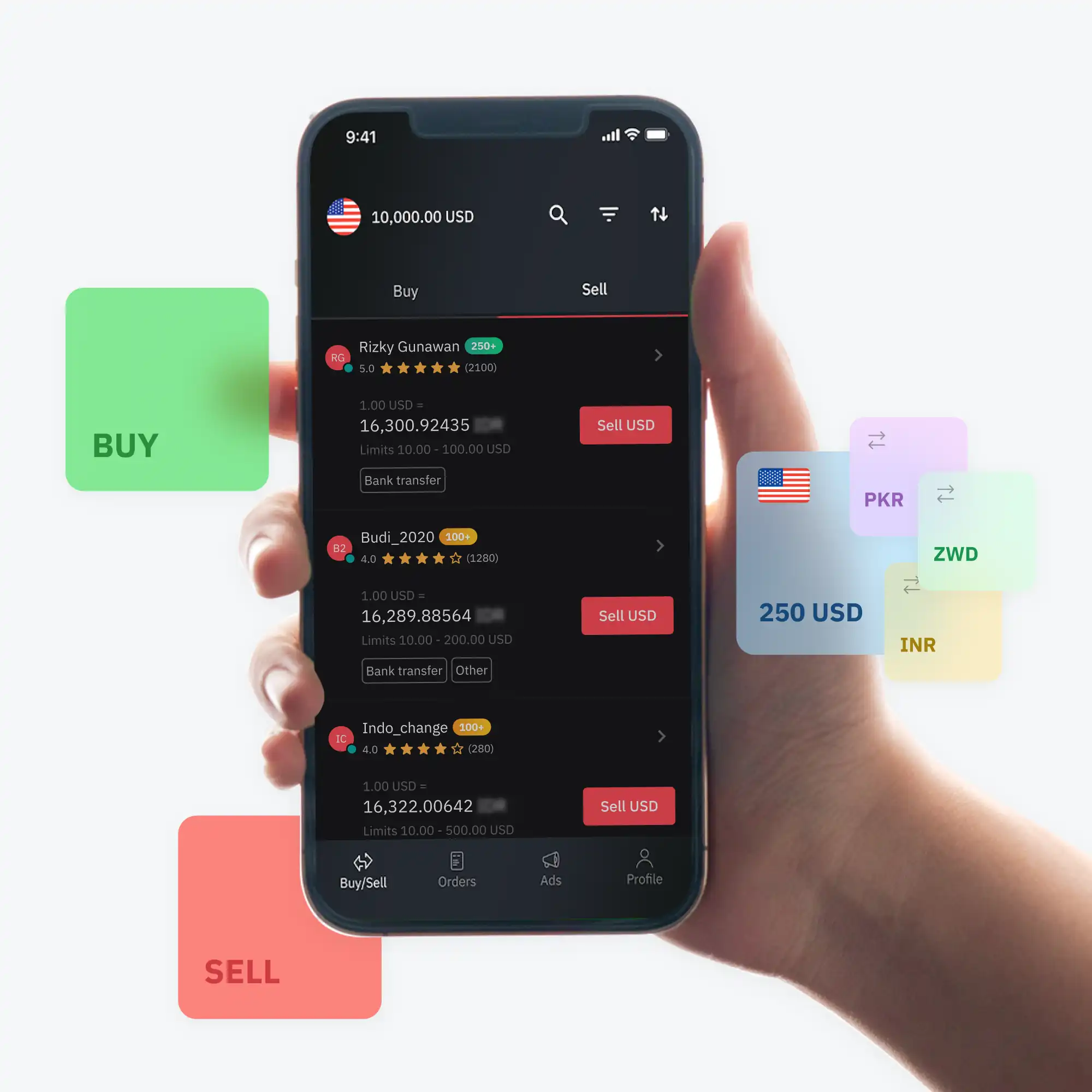 A mobile device displaying peer-to-peer payment agents surrounded by PKR, ZWD, INR, USD icons