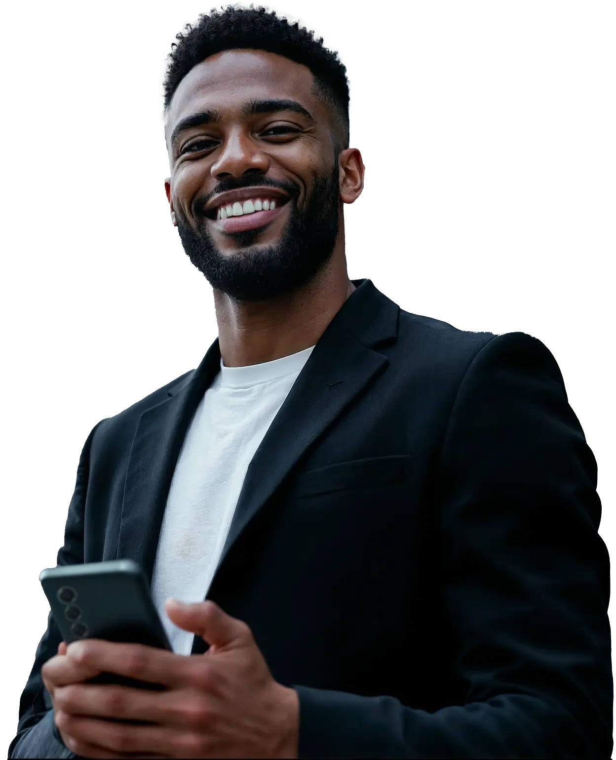 Happy Deriv affiliate partner using mobile app to track earnings and grow revenue from online partnership programme