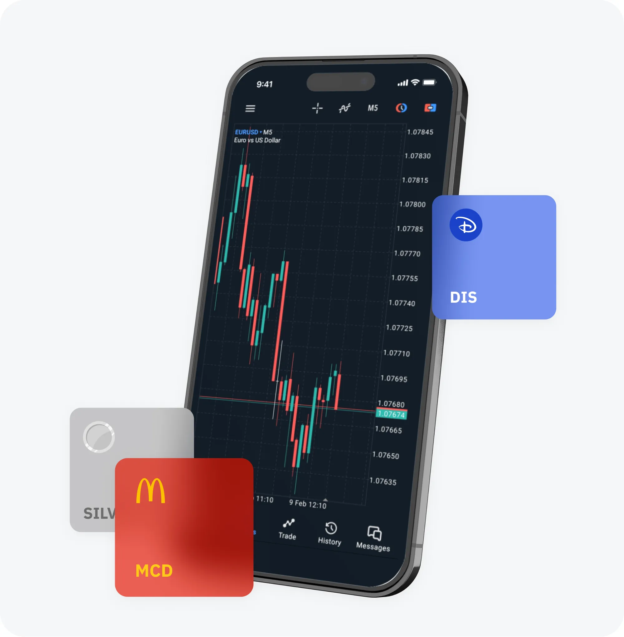 Deriv MT5 demo chart on mobile with floating Disney, McDonald's, and Silver icons