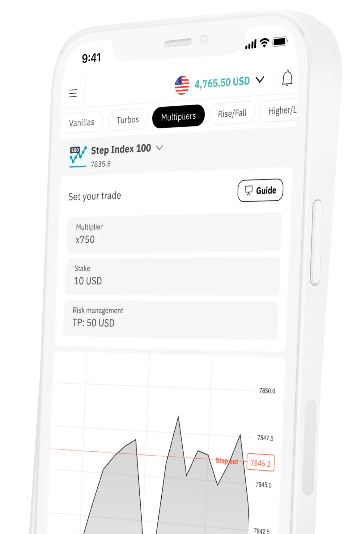 Deriv mobile app showing Step Index 100 multiplier trade setup with x750 multiplier and risk management barriers