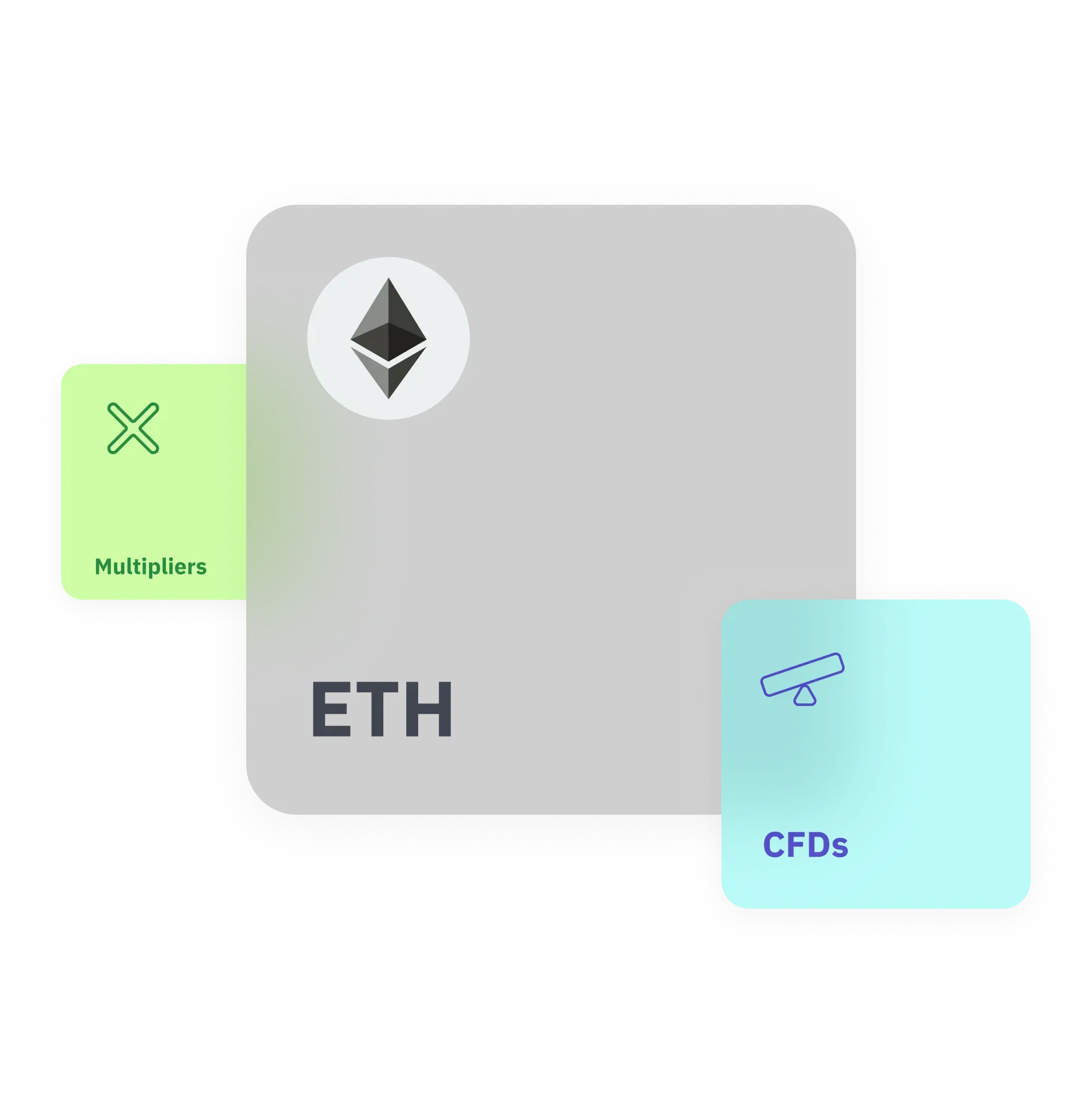 Ethereum logo with multipliers and CFDs icons symbolising ETH trading options on Deriv